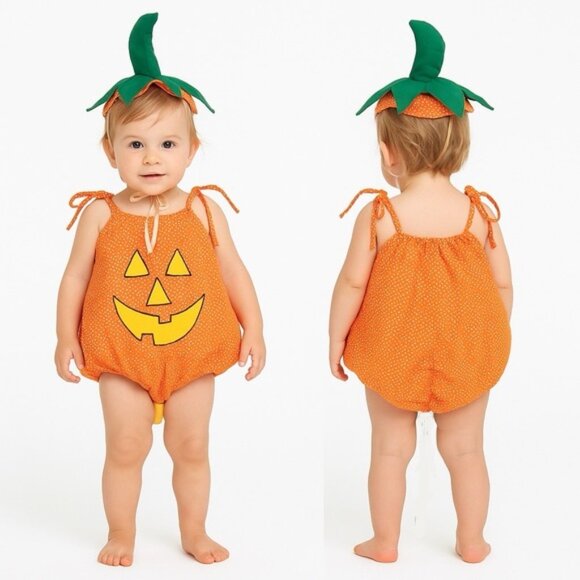 Vintage 1980s Baby Toddler Pumpkin Halloween Costume Romper with Hat - Picture 1 of 11